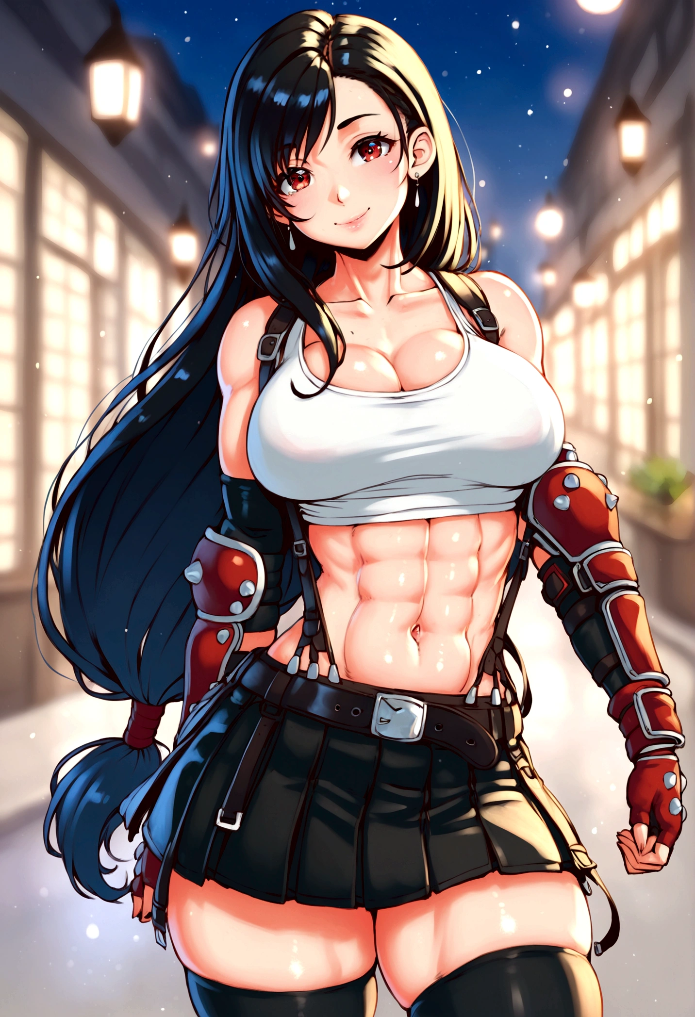 score_9, score_8_up, score_7_up,score_6, score_5,4k,rating_safe BREAK , (from front.from front,breast focus,standing,straight-on,(),,(upperbody),looking_at_viewer ,1girl, tifa lockhart, final fantasy, tareme,black hair, low-tied long hair, red eyes, bangs, (white tank top, belt, pleated skirt, thighhighs, elbow fingerless gloves, elbow pads, midriff, navel,suspender skirt) ,large_breasts,(light smile),Curvy waist,,Solo,,(daytime and beachside and city),detailed skin,(best quality),(aesthetic,very aesthetic),UHD,HDR,intricate detailed,anime,highly detailed,sharp focus,depth of field,,professional lighting,cinematic lighting, dancing breast,