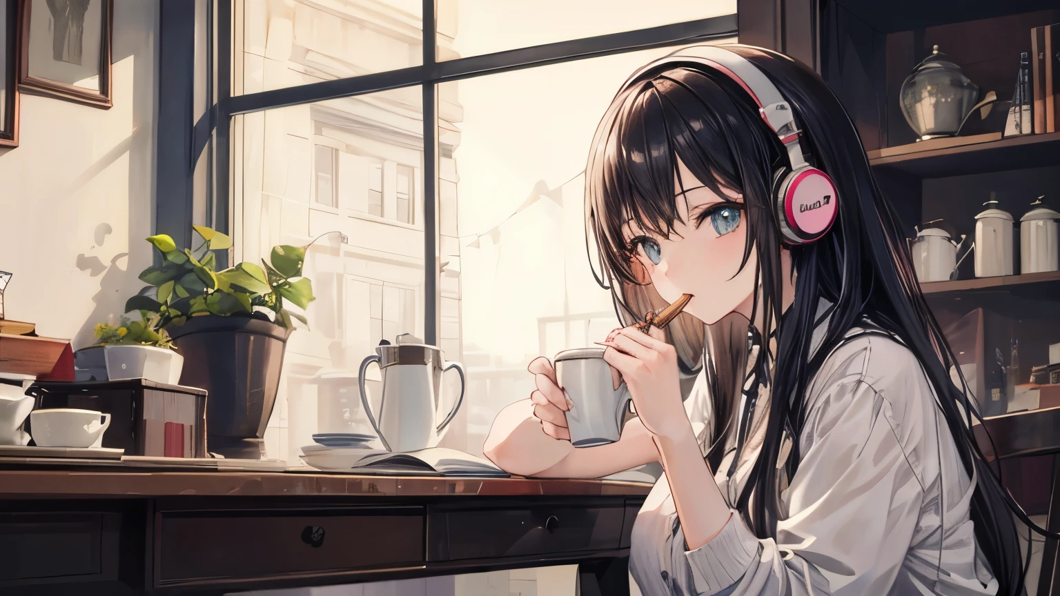 ((Highest quality)), ((masterpiece)), (detailed), One girl, , Antique cafe with large windows,A dark-haired girl studying with headphones on while drinking coffee,Anime Style,Soft atmosphere,a soothing atmosphere,