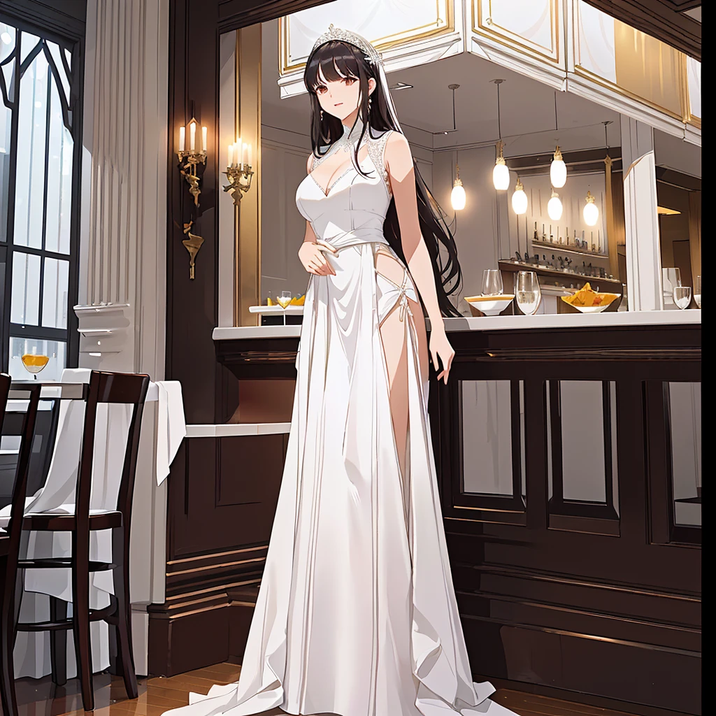 araffe woman in a white dress standing in a restaurant, white gown, sexy gown, long white dress, wearing long gown, full body white dress, in a long white dress, wearing white dress, elegant white dress, wearing a white flowing dress, wearing an evening gown, wearing an elegant dress, beautiful long white dress, wearing along white dress