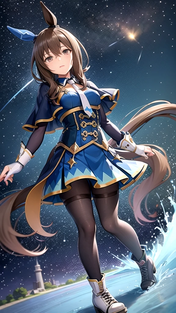 masterpiece, best quality,
admire vega \(umamusume\),
starry sky, night, horizon, standing, looking up, 
white necktie, skirt, long sleeves, white footwear, thigh strap, black pantyhose, boots, shirt, puffy sleeves, pleated skirt, buttons, corset, capelet, fingerless gloves, black gloves, mismatched footwear