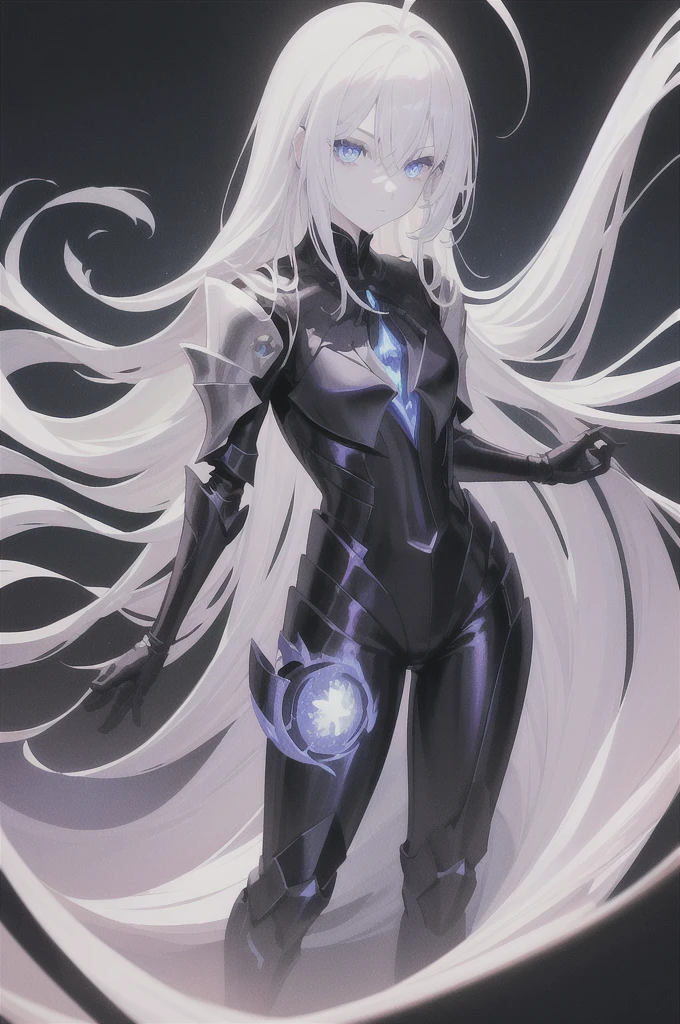 ((masterpiece)), (best quality), ((highres)), 4K, Detailed, (Digital Art, extremely detailed 8K wallpaper:1.2), BREAK 1girl, (pale skin:1.1), white hair, ahoge, (absurdly long hair:1.2), hair between eyes, flat chest, brightly glowing sapphire blue eyes, black knight, dark magic, dark energy, armored, black cloak, expressionless, cold attitude, eerie, dark, movie poster, exoskeleton, bodysuit, glow
