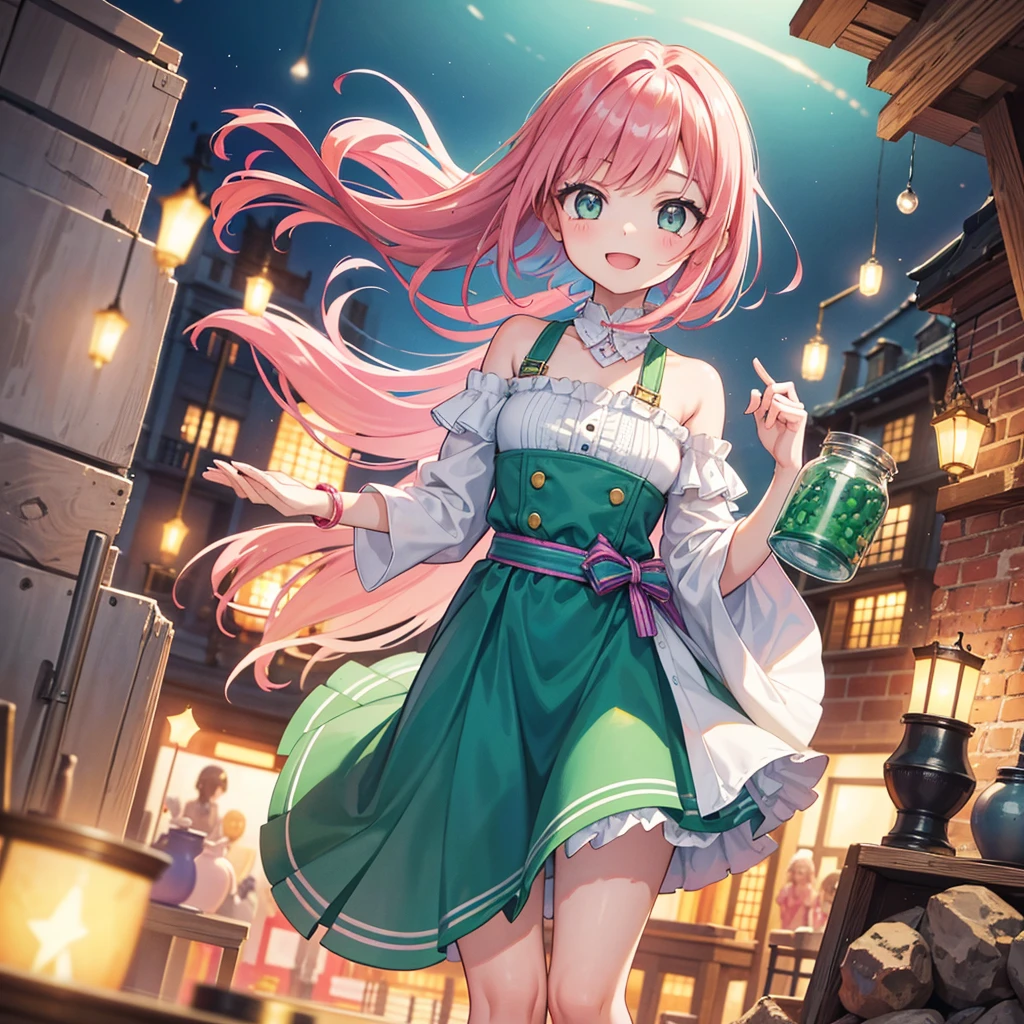 "Generate a highly detailed and vibrant image featuring a young girl with an adult-oriented appeal. She has striking pink hair that cascades down in soft waves. Her face is tilted slightly to the left, and she looks radiant and happy, with her bright green eyes wide open and sparkling with excitement. She is gazing intently at a glass jar filled with colorful capsules and pills, which she holds gently in her hands. The scene should be illuminated with dynamic lighting that highlights her joyful expression and the vivid colors of the capsules. Her skin has a soft, natural glow, and the background should be slightly blurred, ensuring the focus remains on her expressive face and the jar of capsules. The overall style should be polished, with smooth lines, vibrant colors, and intricate details that capture the girl's happiness and the captivating scene. The image should convey a sense of energy, joy, and curiosity, suitable for an adult audience."