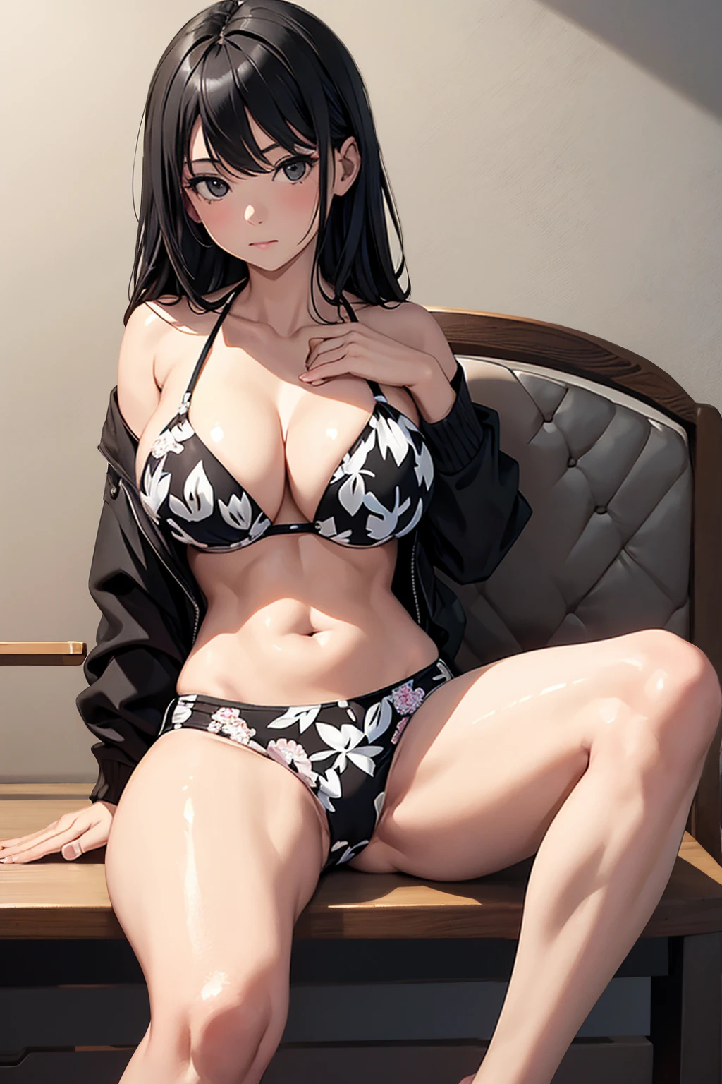 A girl in a patterned bikini,Black Hair,Big Breasts,Sitting,