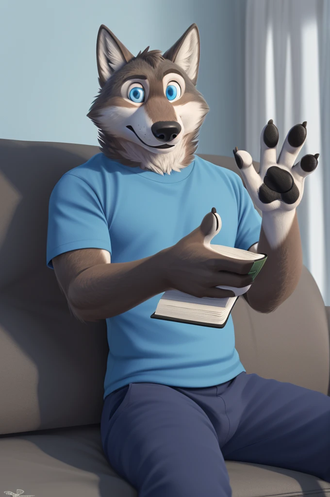 Larry (Zveropolis), wolf, Gray Fur, (brown body:1.3), Blue eyes, Zveropolis, dressed, t-shirt, pants, canine, wolf, detailed fur, male, antro, paw pads, finger claws, waving, waving at viewer, 5 fingers, paws, 4 toes,
BREAK from nextel, for dating, by xenoforge, (difficult, high detail, film photography, soft focus, RAW explicit cinema,sitting on the couch at home, apartment, Reading a book, 
Photorealism, realistic, photorealistic, digital style, Subsurface scattering,
masterpiece, Best quality, ultra realistic, 8 k)