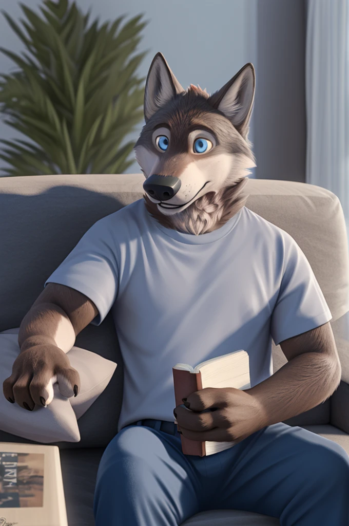 Larry (Zveropolis), wolf, Gray Fur, (brown body:1.3), Blue eyes, Zveropolis, dressed, t-shirt, pants, canine, wolf, detailed fur, male, antro, paw pads, finger claws, waving, waving at viewer, 5 fingers, paws, 4 toes,
BREAK from nextel, for dating, by xenoforge, (difficult, high detail, film photography, soft focus, RAW explicit cinema,sitting on the couch at home, apartment, Reading a book,
Photorealism, realistic, photorealistic, digital style, Subsurface scattering,
masterpiece, Best quality, ultra realistic, 8 k)