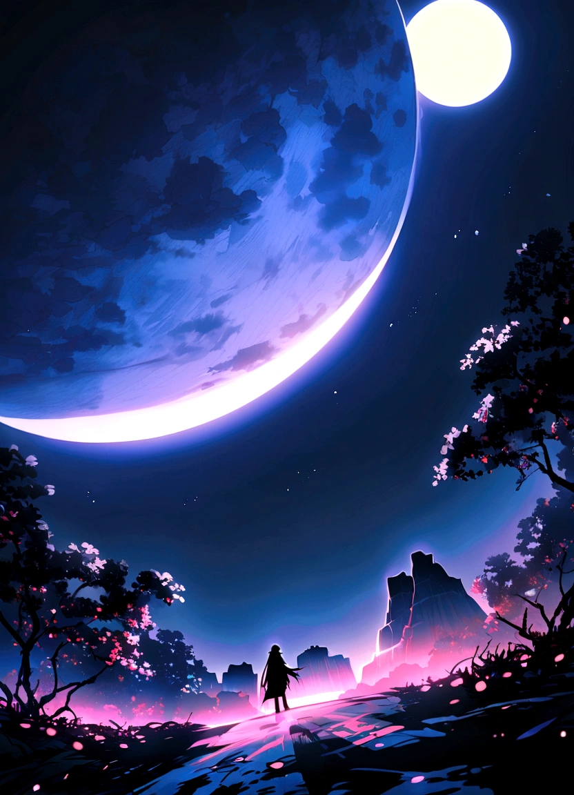 (Tang Feng),(Precipitous cliffs illuminated by a huge moon),Dark Blue Fluorescence,(Peach Forest),(Lake Mirror),Ultra-long viewing angle,Midnight background,Shhhh