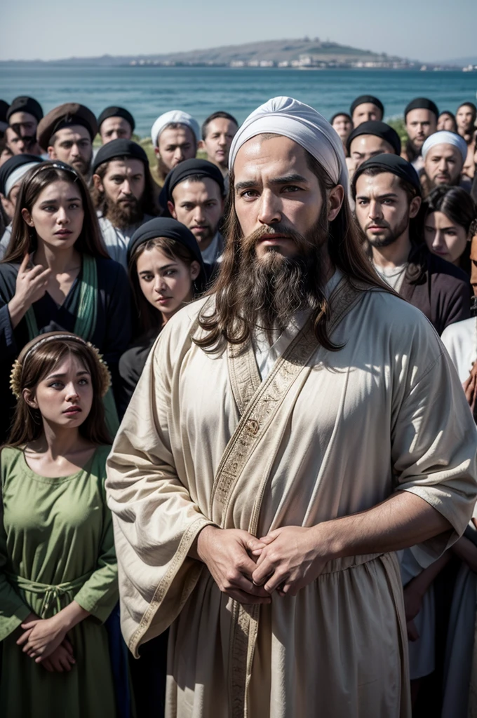 A distant, almost isometric scene of a realistic photo of Jesus with 7 disciples close to him, surrounded by a crowd. Everyone is wearing first-century Jewish garments. Approaching the crowd is a 40-year-old Israeli man with a first-century beard. He is wearing typical synagogue teacher clothing, including a long tunic, a shawl, sandals, and a kippah on his head. The background is the Sea of Galilee