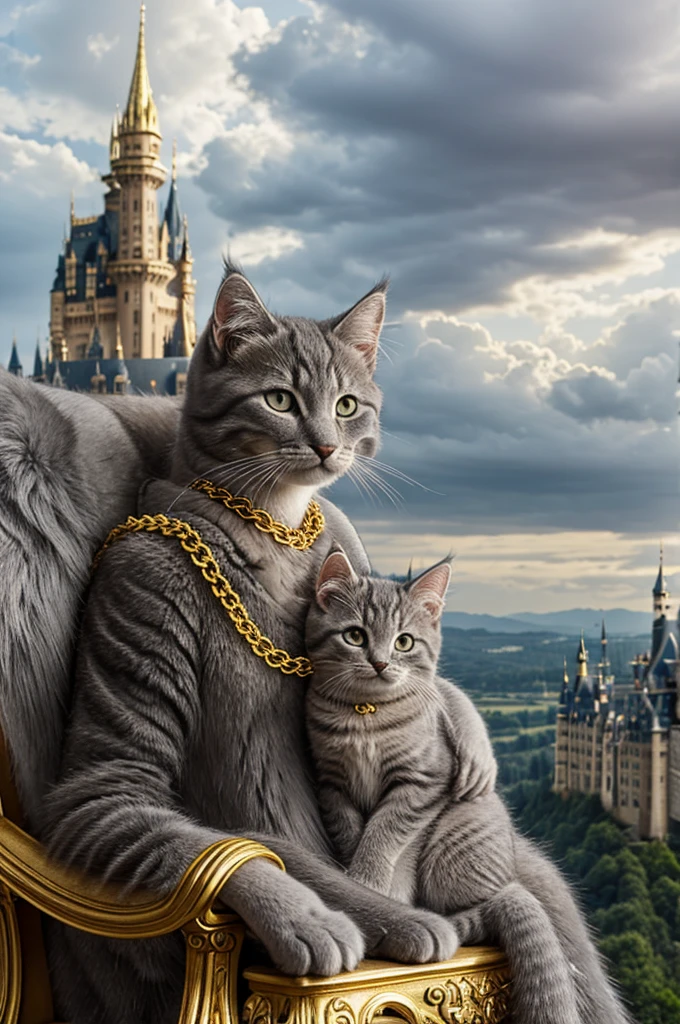 A long gray fur kitten with a gold crown and a gold necklace with a castle with a queen and its cloudy landscape 