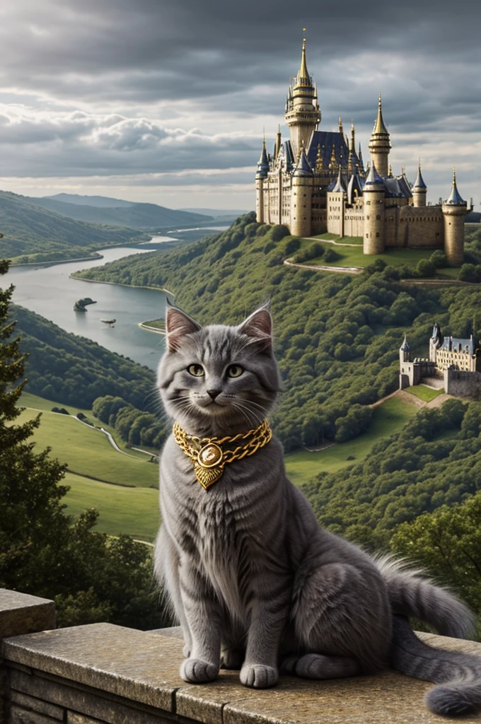 A long gray fur kitten with a gold crown and a gold necklace with a castle with a queen and its cloudy landscape