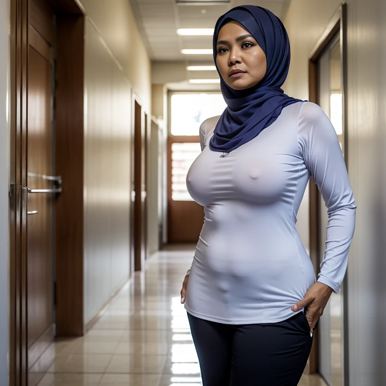 52 years Old, Hijab Indonesian mature woman, Big Tits : 96.9, Long-sleeveles Shirt, Slim body, Breast about To burst out, at School Corridor, Bright light, at Daytime