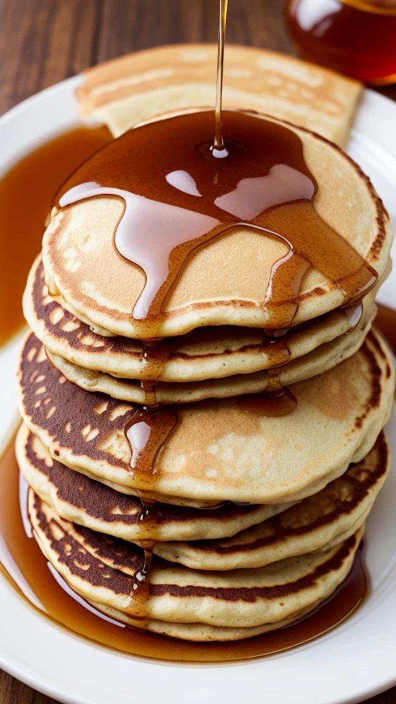 A slightly removed close-up of a plate with 2 Pancakes dipped in maple syrup that looks realistic and detailed