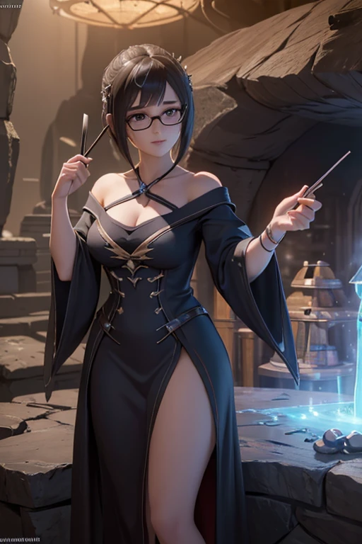 3D rendering, Рендеры Octane, Unreal engine, ohmey, ((sorceress robe)), HD, 1 girl,masterpiece, ((Inside the cave)), holding chopsticks, fantasy settings, game character, conceptual art, To wear glasses, ((isekai fantasy world)), dark dress