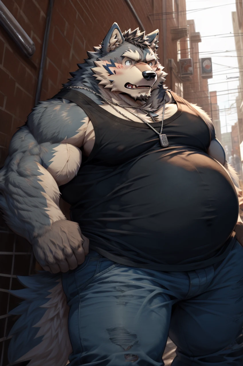 sketch of anthro overweight wolf with big round belly stands in an urban alleyway. serious expression is marked by a small scar on his cheek. He sports a black tank top, blue jeans, and a dog tag necklace, digital art, anime stylish style, kemono art, e621, pixiv, cartoonish