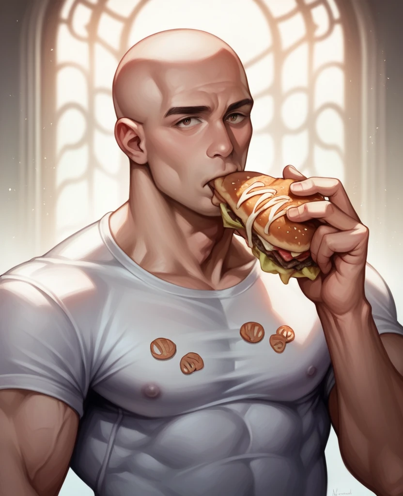 a muscular man with bald head, Vin Diesel, eating food, photorealistic, 8k, hyperrealistic, detailed facial features, detailed textures on skin, detailed clothing, intricate background, warm lighting, cinematic composition
