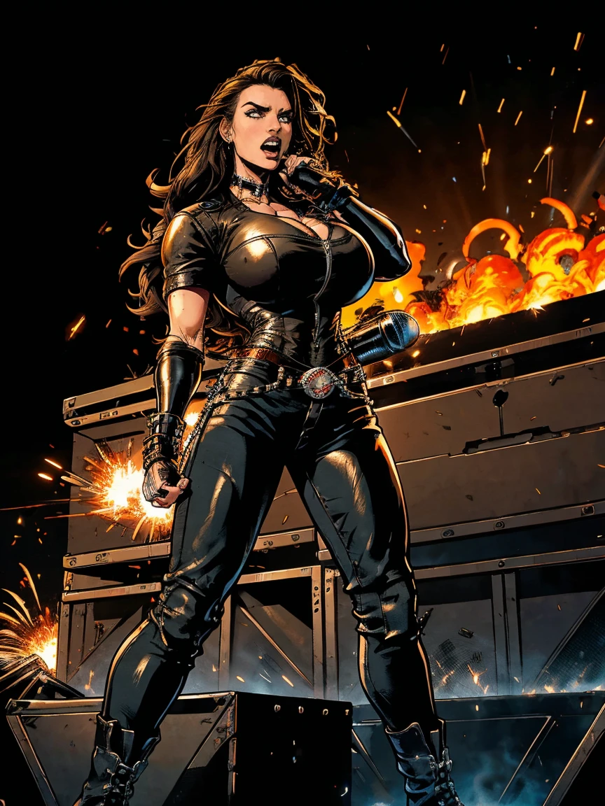 Extremely busty thin and toned brunette death metal singer, college girl, fair skin, big hair, hair pulled back, soft face, athletic, heavy makeup, piercings, black leather, studs, tight black top, boots, fingerless gloves, tight pants, chains. standing on a stage, pyrotechnics, holding a microphone, metal concert. (microphone, fist in the sky), angry, rage, screaming. Heavy metal. Death metal. Explosions, fire.