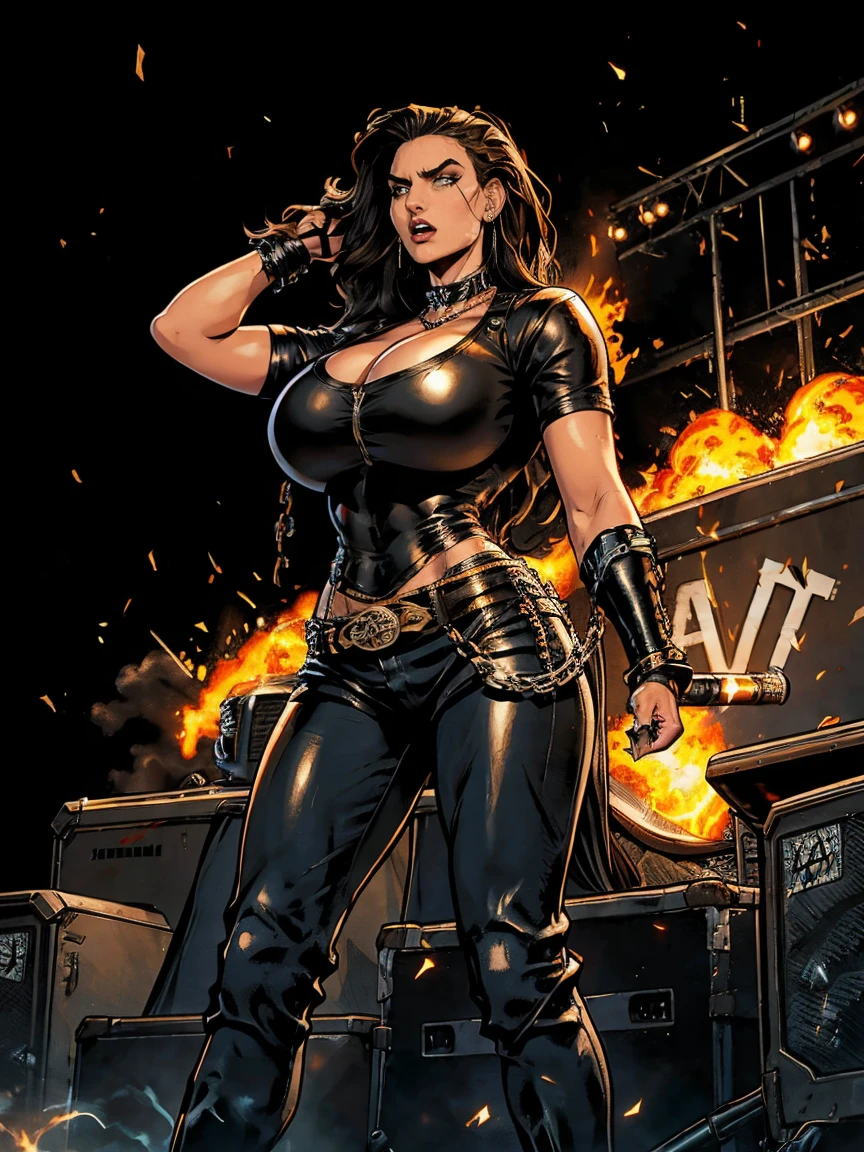 Extremely busty thin and toned brunette death metal singer, college girl, fair skin, big hair, hair pulled back, soft face, athletic, heavy makeup, piercings, black leather, studs, tight black top, boots, fingerless gloves, tight skirt, chains. standing on a stage, pyrotechnics, holding a microphone, metal concert. (microphone, fist in the sky), angry, rage, screaming. Heavy metal. Death metal. Explosions, fire.