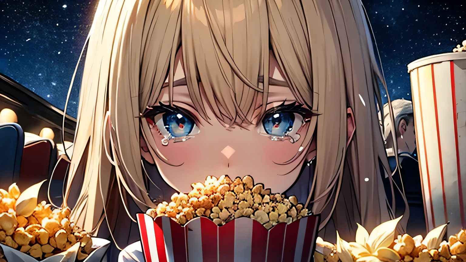((Highest quality)), ((masterpiece)), (detailed), One girl, movie theatre、Tears、blonde、Smooth Hair、Popcorn、