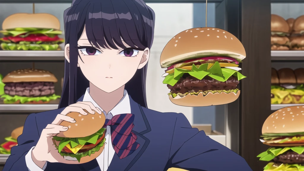  Alone, Upper part of the body, portrait, looking at the viewer, dark blue jacket, striped bow tie, , perfect quality, Good quality, Masterpiece, HDR, UHD, holding a hamburger, offering hamburger to the viewer