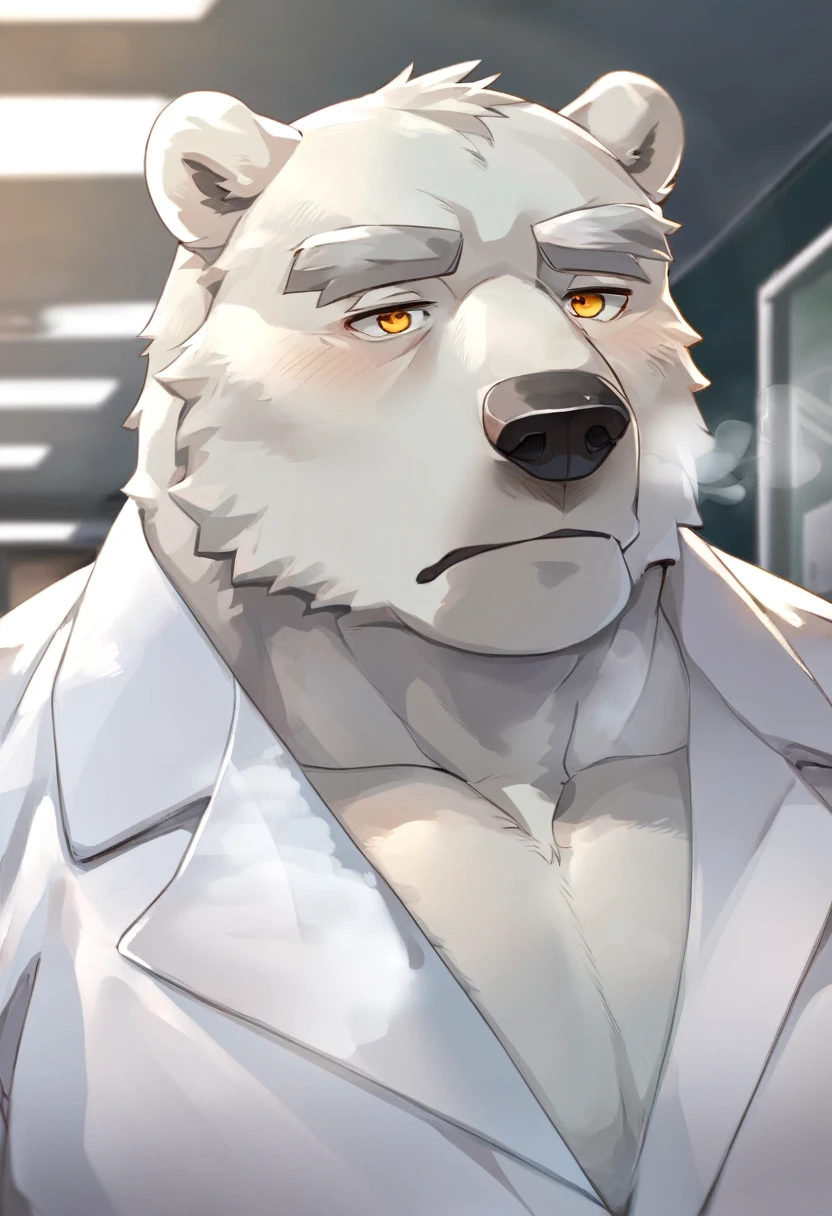 polar bear,personification,Mature male,Strong Man,White hair,naked,Cold expression,Golden pupils,Gray eyebrows,White suit suit,Hands in pockets,The Age of Steam,Hospital Office。