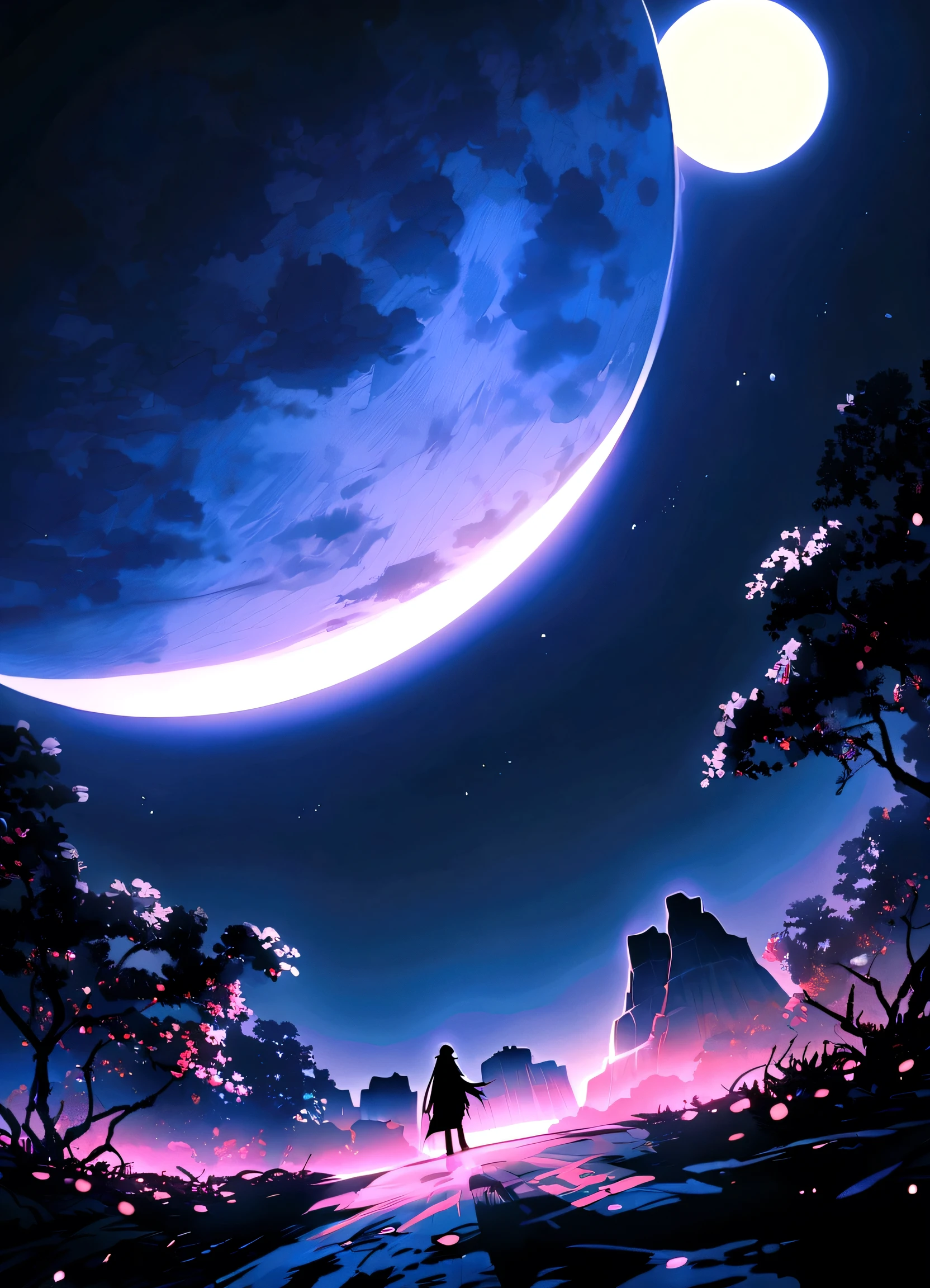 （Tang Feng），（Precipitous cliffs illuminated by a huge moon），Dark Blue Fluorescence，（Peach Forest），（Lake Mirror），Ultra-long viewing angle，Midnight background，Shhhh