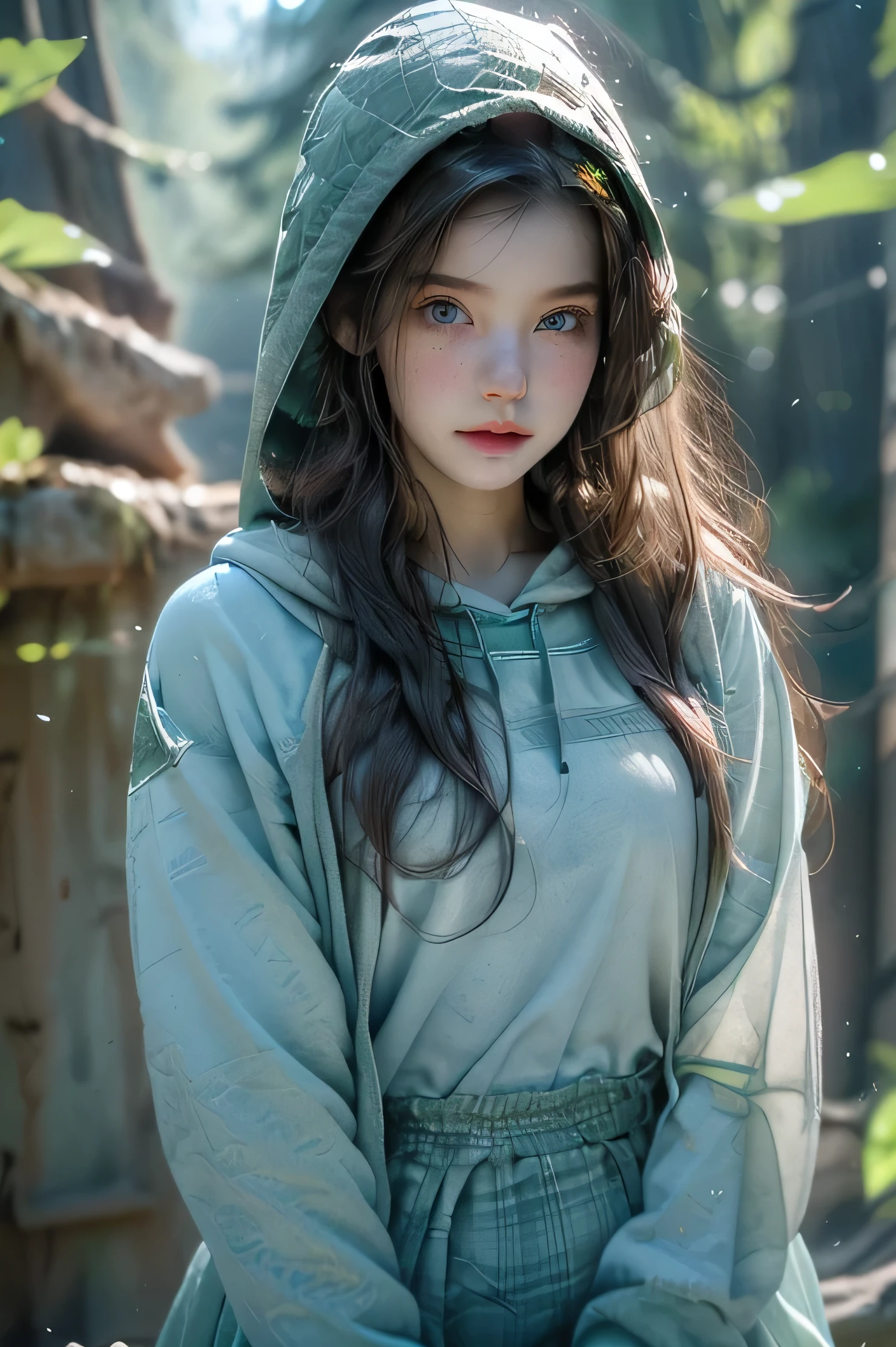 Teenage girl ((16 years)) thin and flat build, pale skin, freckles and waist-length light brown hair, heterocromia ((green right eye and light blue left eye)) worn and dirty clothes, wet forest background. With long brown hood and knee-length green skirt ((long, loose clothing)). Hands bandaged and hair pointing to the left. ((Kind and sweet face))