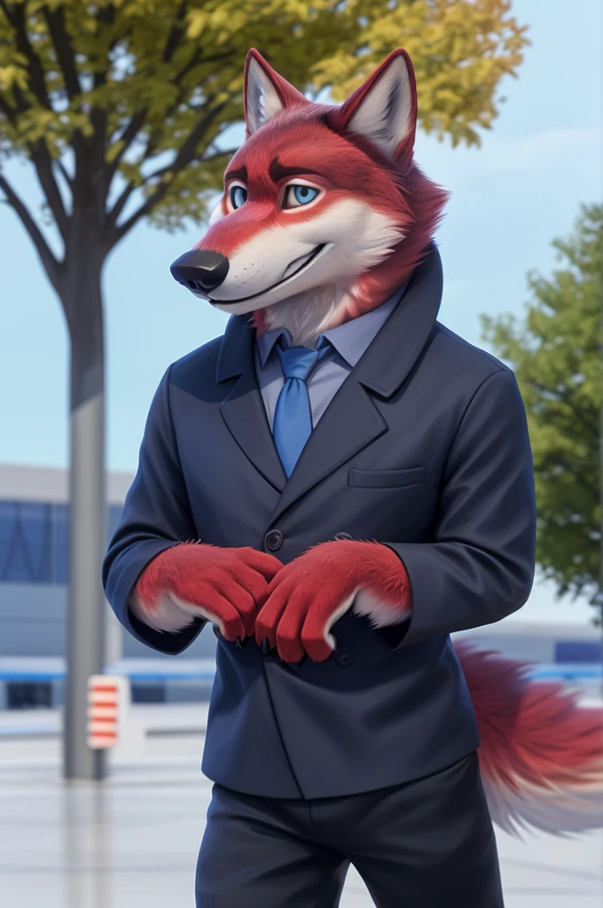 Ivan Wolfbach (Moscow),high,Beautiful,slim,24 years,wolf, red fur,high Beautiful wolf, 24 years,(red body:1.3),beautiful blue eyes,Moscow россия, Domodedovo airport,gray shirt, Green tie, trousers,canine, wolf, detailed fur, male, antro, paw pads, finger claws, at viewer, 5 fingers, paws, 5 fingers,day,digital photography, soft focus,good mood,photorealism, realistic, photorealistic,digital style,from close walks around the city, Very close to the camera, digital photography, smile positive, good,mood,
masterpiece, Best quality, ultra realistic, 8 k)