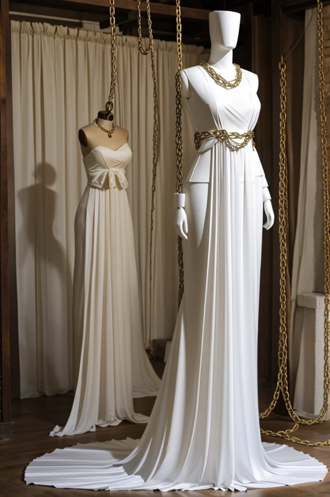 Full body mannequin made with sheets of paper and tied to chains