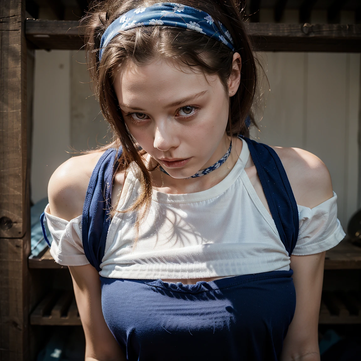 mia goth, pearl movie, wearing bandana, farmer blue unifrom, medium shot