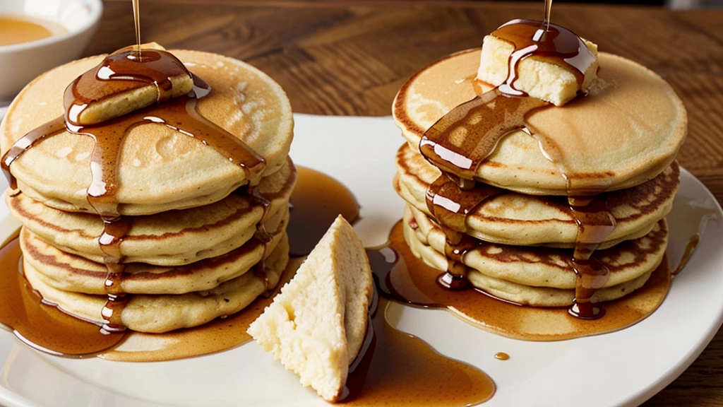 A slightly removed close-up of a plate with 2 Pancakes dipped in maple syrup that looks realistic and detailed