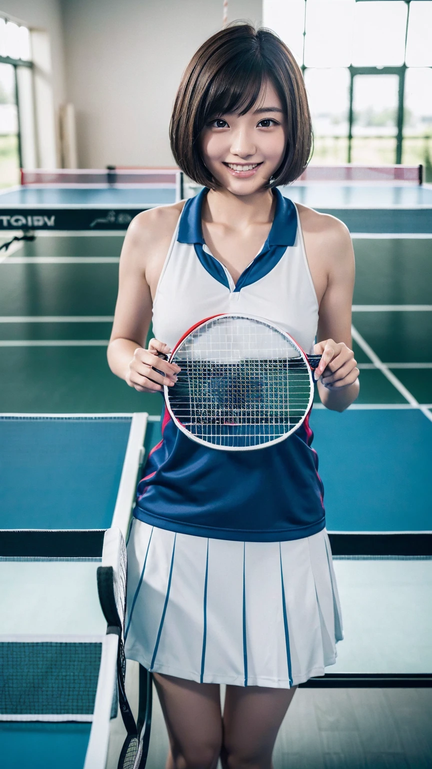 (One Girl:1.3), Bobcut、Japanese high school students, Great face and eyes, Looking into the camera, A joyful smile、Showing teeth、 (Highest quality:1.4), Very detailed CG 統合 8k 壁紙, Very detailed, High-resolution RAW color photos, Professional photography, Realistic full body shot, Studio shot、Plain Wallpaper, Portrait of sexy girl, Open exterior, (Looking down, View in Viewer:1.0), (From below:1.0),(((topless))),Pleated skirt,Thighs,classroom、(((stand)))、(((Table tennis table)))、(((Holding a table tennis racket in hand))),(((Swing a table tennis racket))),Play table tennis