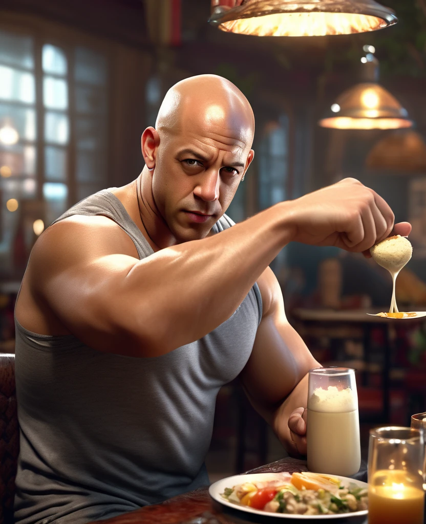 a muscular man with bald head, Vin Diesel, eating food, photorealistic, 8k, hyperrealistic, detailed facial features, detailed textures on skin, detailed clothing, intricate background, warm lighting, cinematic composition
