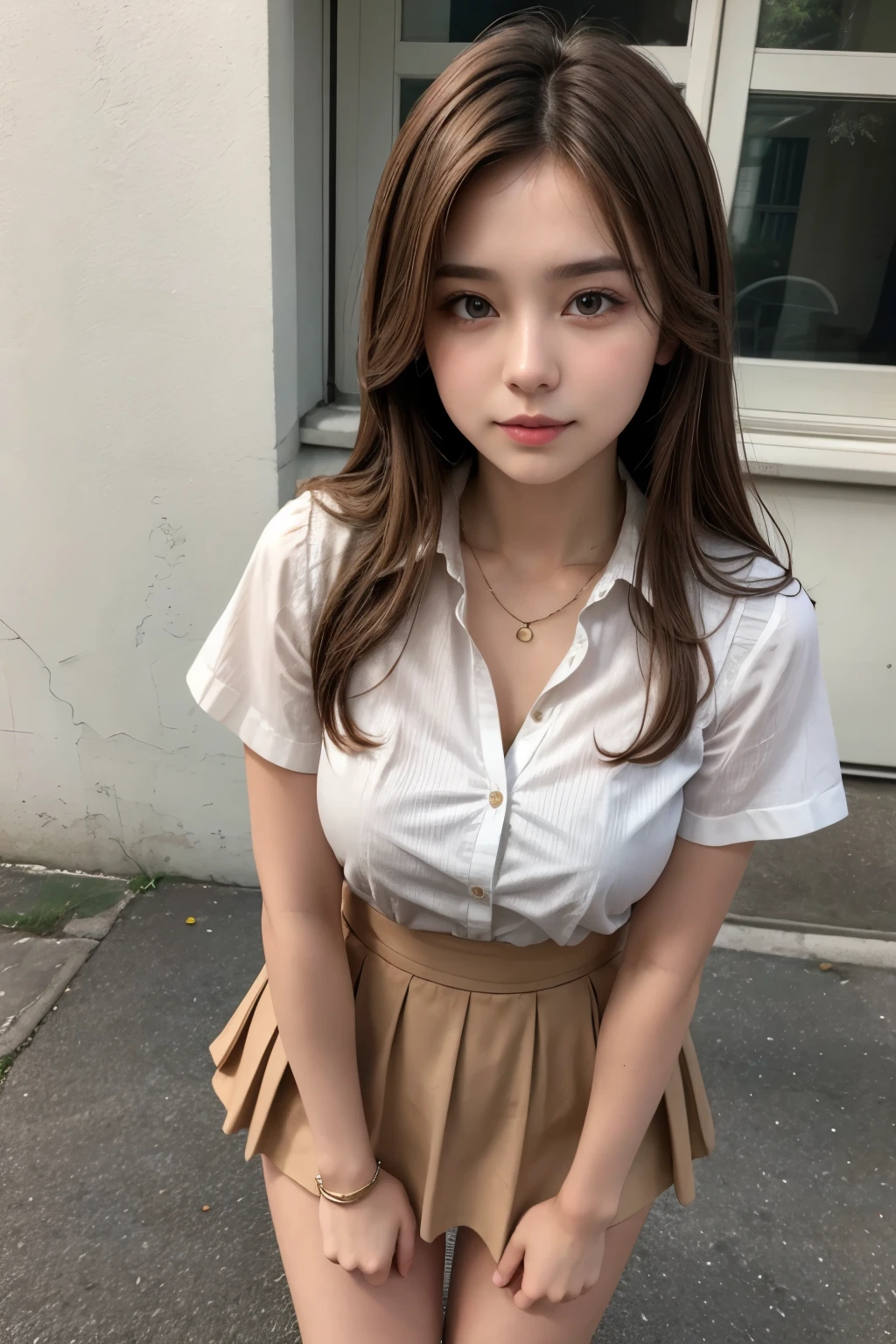 Beautiful brown-haired girl dressed in a very short skirt and a short blouse with a low neckline