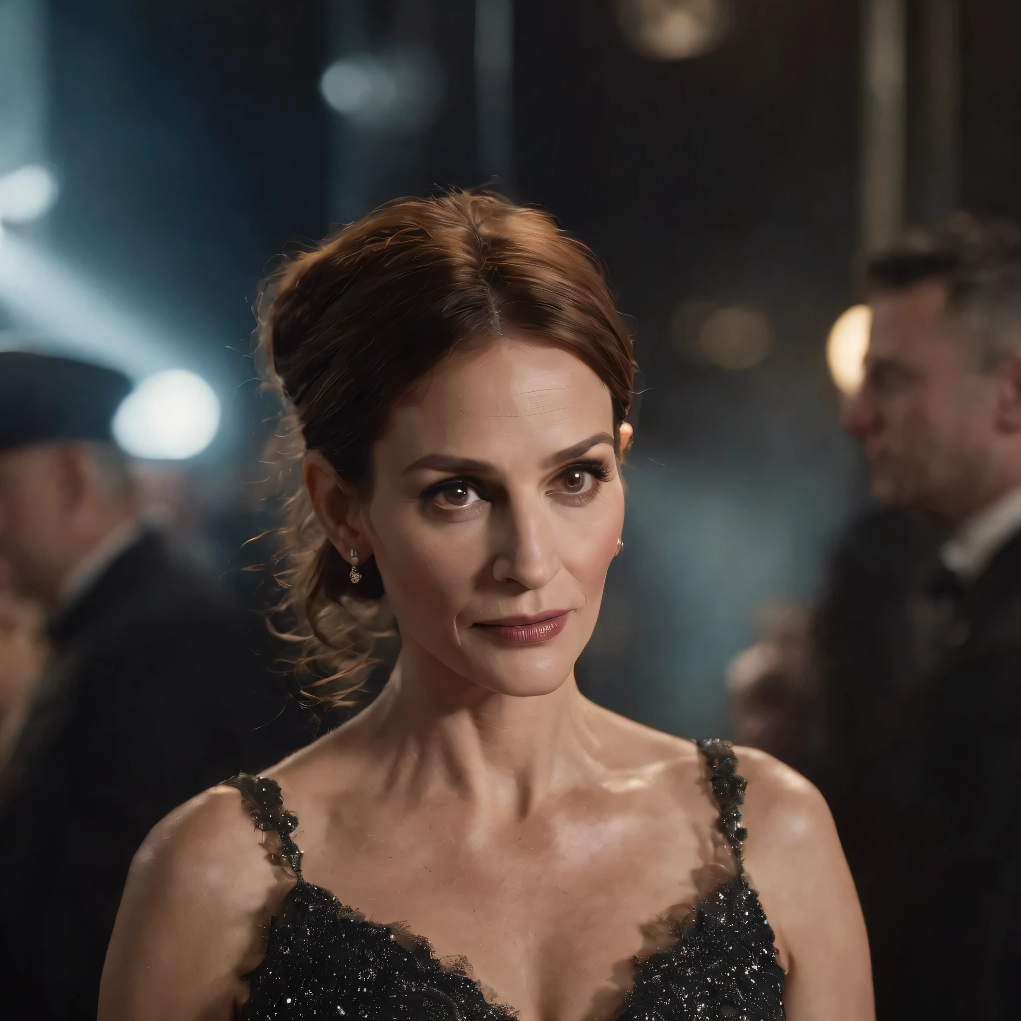 RAW photo 1woman, Julia Roberts face,serious face, hat,( dress:1.2),cyberpunk environment, cinema style lighting, 16k