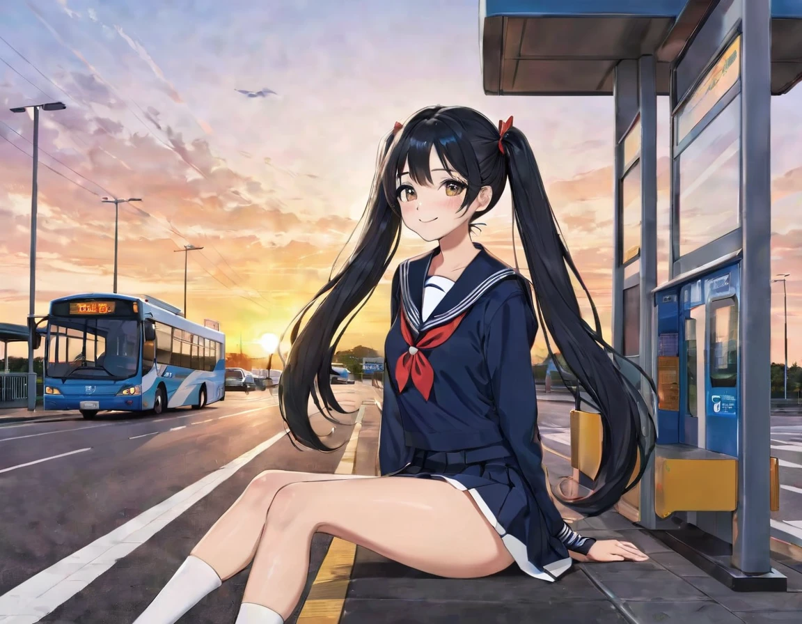 A beautiful girl with long black hair in twin tails, wearing a sailor uniform, smiling brightly, full body shot, waiting for a bus at a bus stop, bus visible in the background, beautiful sunset, detailed facial highlights