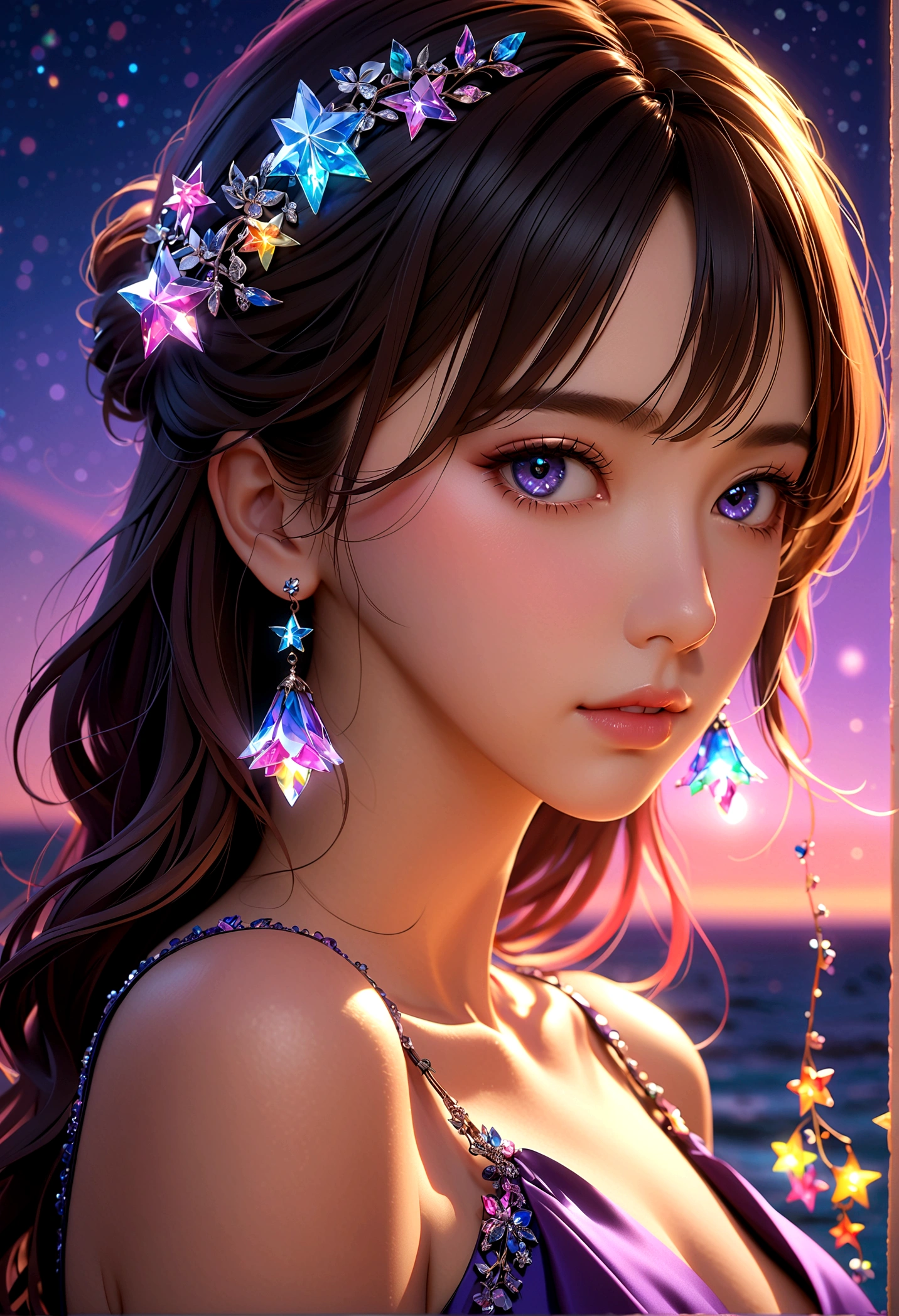 masterpiece, pretty girl, break, Purple evening dress, A face with attention to detail, Upper Body, Glare, Rainbow colors, Global Illumination, Soft Light, Dream Light, number, 8K Close-up, Fantasy, Night Sky, star, star雲, White Crystal, moonlight, peaceful, summer, (8K:1.1)