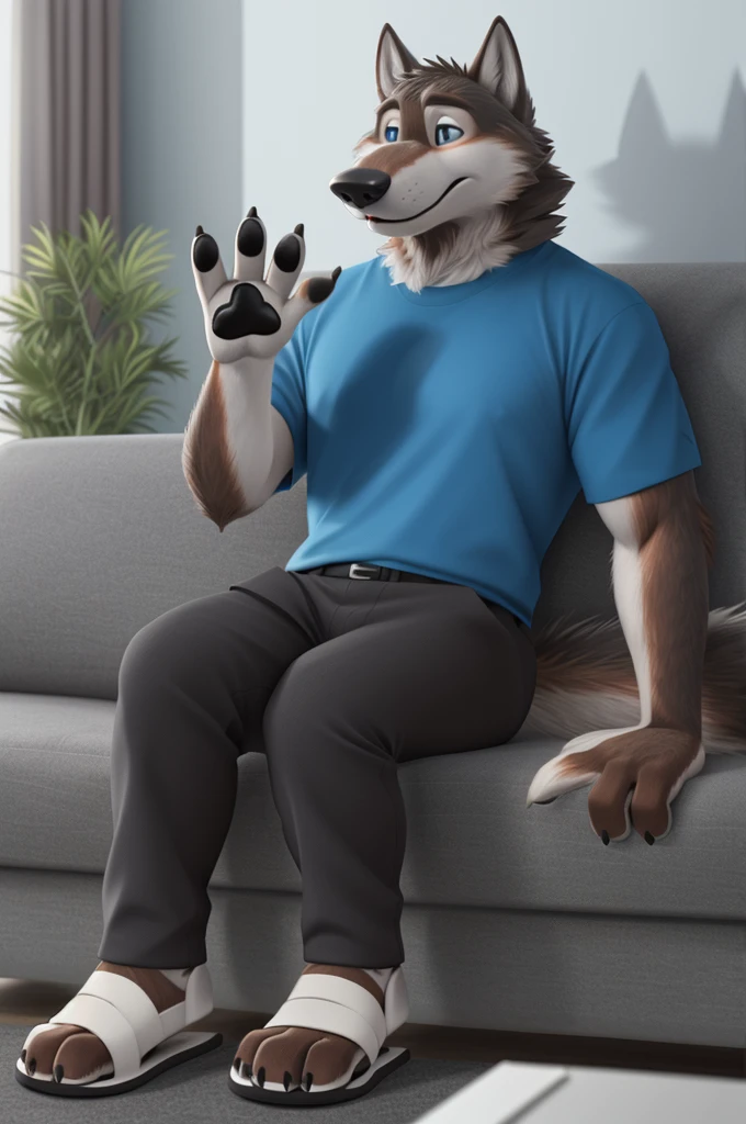 Larry (Zveropolis), wolf, Gray Fur, (brown body:1.3), Blue eyes, Zveropolis, dressed, t-shirt, pants, thick sole sandals,canine, wolf, detailed fur, male, antro, paw pads, finger claws, waving, waving at viewer, 5 fingers, paws, 4 toes,
BREAK from nextel, for dating, by xenoforge, (difficult, high detail, film photography, soft focus, RAW explicit cinema,sitting on the couch at home, apartment, Reading a book, 
Photorealism, realistic, photorealistic, digital style, Subsurface scattering,
masterpiece, Best quality, ultra realistic, 8 k)