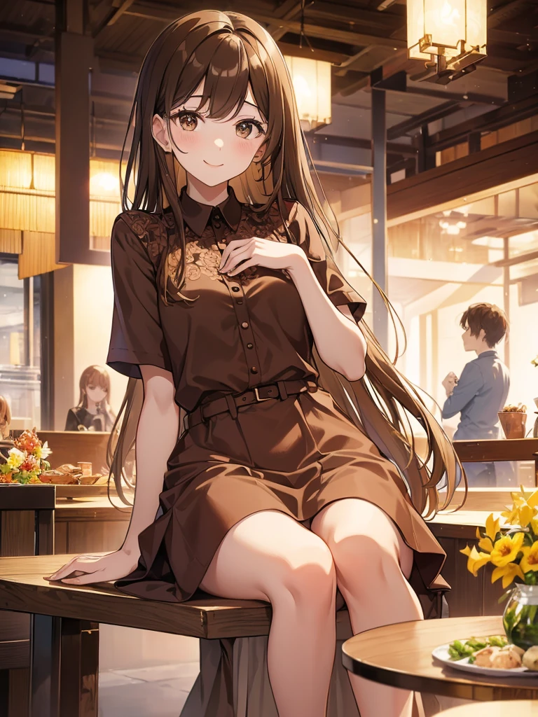 Masterpiece, high quality, A beautiful young woman, She is wearing a shirt brown dress with a floral pattern, smiling Kindly, slender,  Sitting, Looking up at the camera, perfect face, perfect hands, the background is a bright cafe