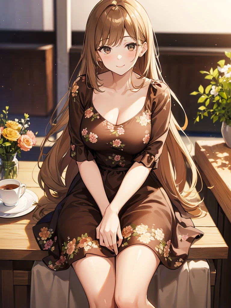 Masterpiece, high quality, A beautiful young woman, She is wearing a shirt brown dress with a floral pattern, smiling Kindly, slender, Sitting, Looking up at the camera, perfect face, perfect hands, the background is a bright cafe
