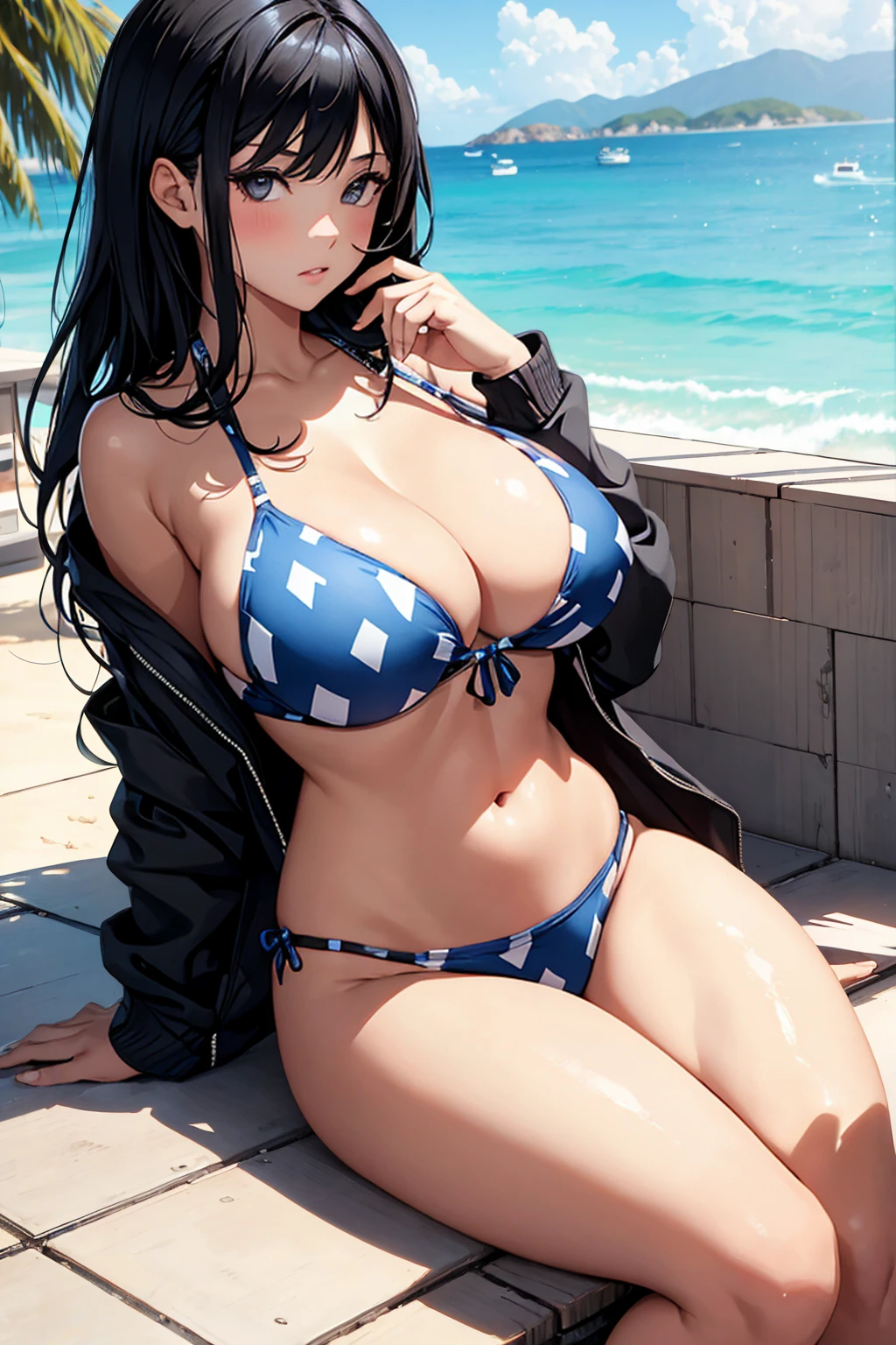 A girl in a patterned bikini,Black Hair,Big Breasts,Sitting,