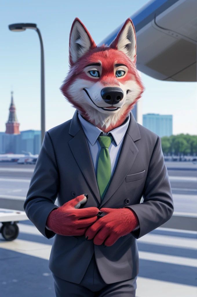 Ivan Wolfbach (Moscow),high,Beautiful,slim,24 years,wolf, red fur,high Beautiful wolf, 24 years,(red body:1.3),beautiful blue eyes,Moscow россия, Domodedovo airport,gray shirt, Green tie, trousers,canine, wolf, detailed fur, male, antro, paw pads, finger claws, at viewer, 5 fingers, paws, 5 fingers,day,digital photography, soft focus,good mood,photorealism, realistic, photorealistic,digital style,from close walks around the city, Very close to the camera, digital photography, smile positive, good,mood,green tie, At the airport, 
masterpiece, Best quality, ultra realistic, 8 k)