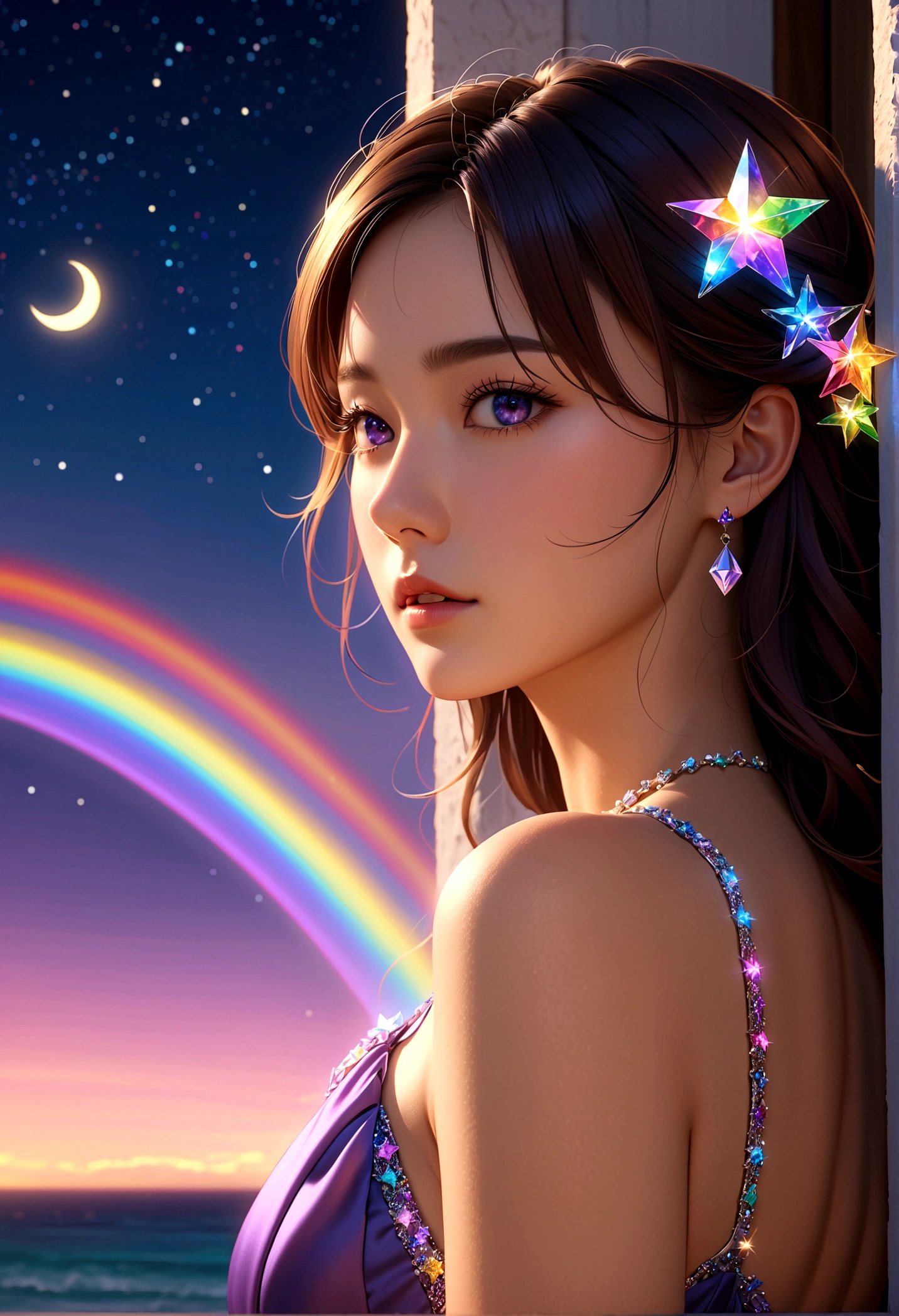masterpiece, pretty girl, break, Purple evening dress, A face with attention to detail, Upper Body, Glare, Rainbow colors, Global Illumination, Soft Light, Dream Light, number, 8K Close-up, Fantasy, Night Sky, star, star雲, White Crystal, moonlight, peaceful, summer, (8K:1.1)