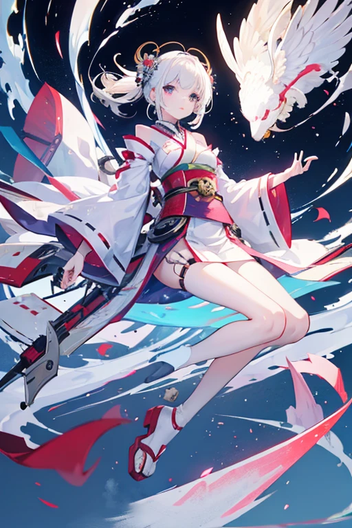 White-haired mechanical girl in kimono A floating machine resembling a hand is floating next to the girl's arm.
