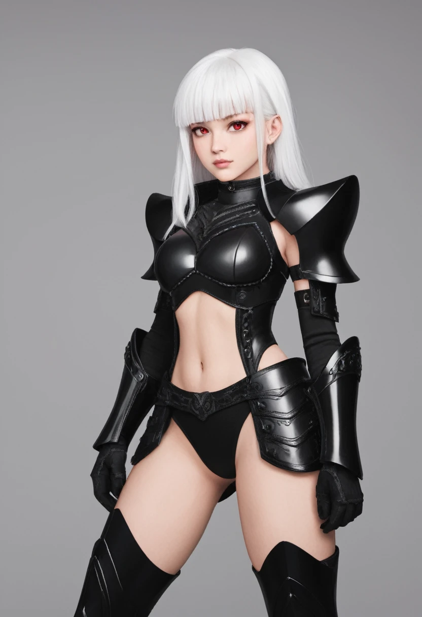 Jennie blackpink with white hair and red eyes, black armor with red full body