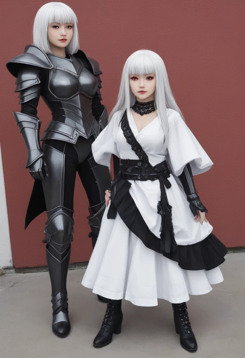 Jennie blackpink with white hair and red eyes, black armor with red full body