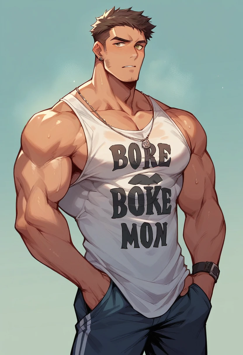 Muscular man in branded clothing