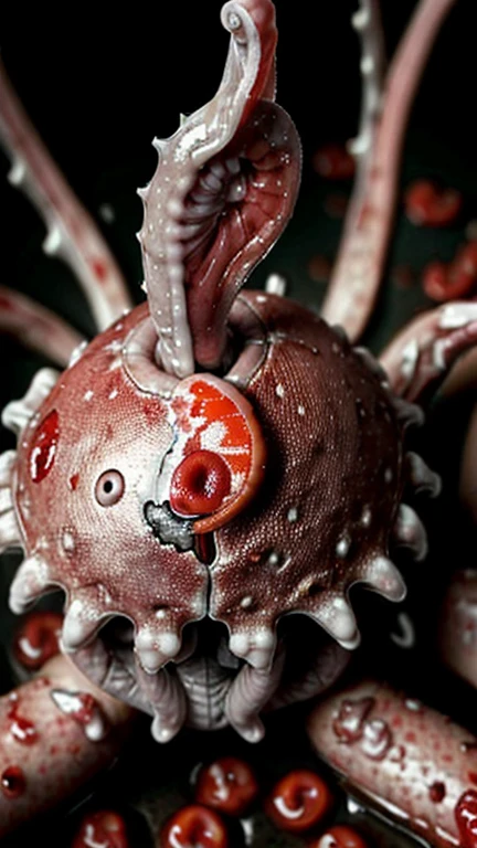 Alien invasion，eerie，tosen，Blood，Close-up，of a real，Facial features are carefully depicted，Realistic skin texture，Dark style，depth of fields，high light，Real light，Ray traching，oc rendered，Hyper-realistic，best qualtiy，8K，Works of masters，super-fine，Detailed pubic hair，Correct anatomy，sharp focus on eyes，Bokeh，Facial features are carefully depicted