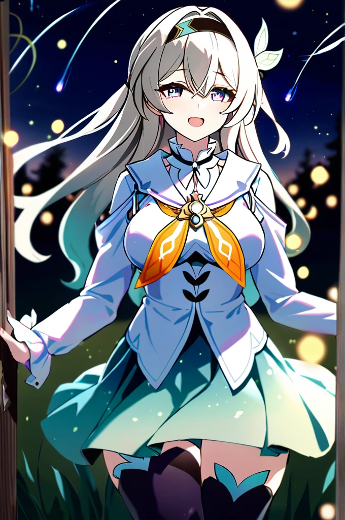 1girl, firefly \(honkai: star rail\), solo, black thighhighs, hairband, gradient Maid skirt, hair ornament, blouse, frilled collar, Maid jacket, yellow neckerchief, cowboy shot, night, floating hair, depth of field, smile, open mouth, fireflies, bokeh, meadow, shooting star , masterpiece, best quality, high quality, highres, ultra-detailed,