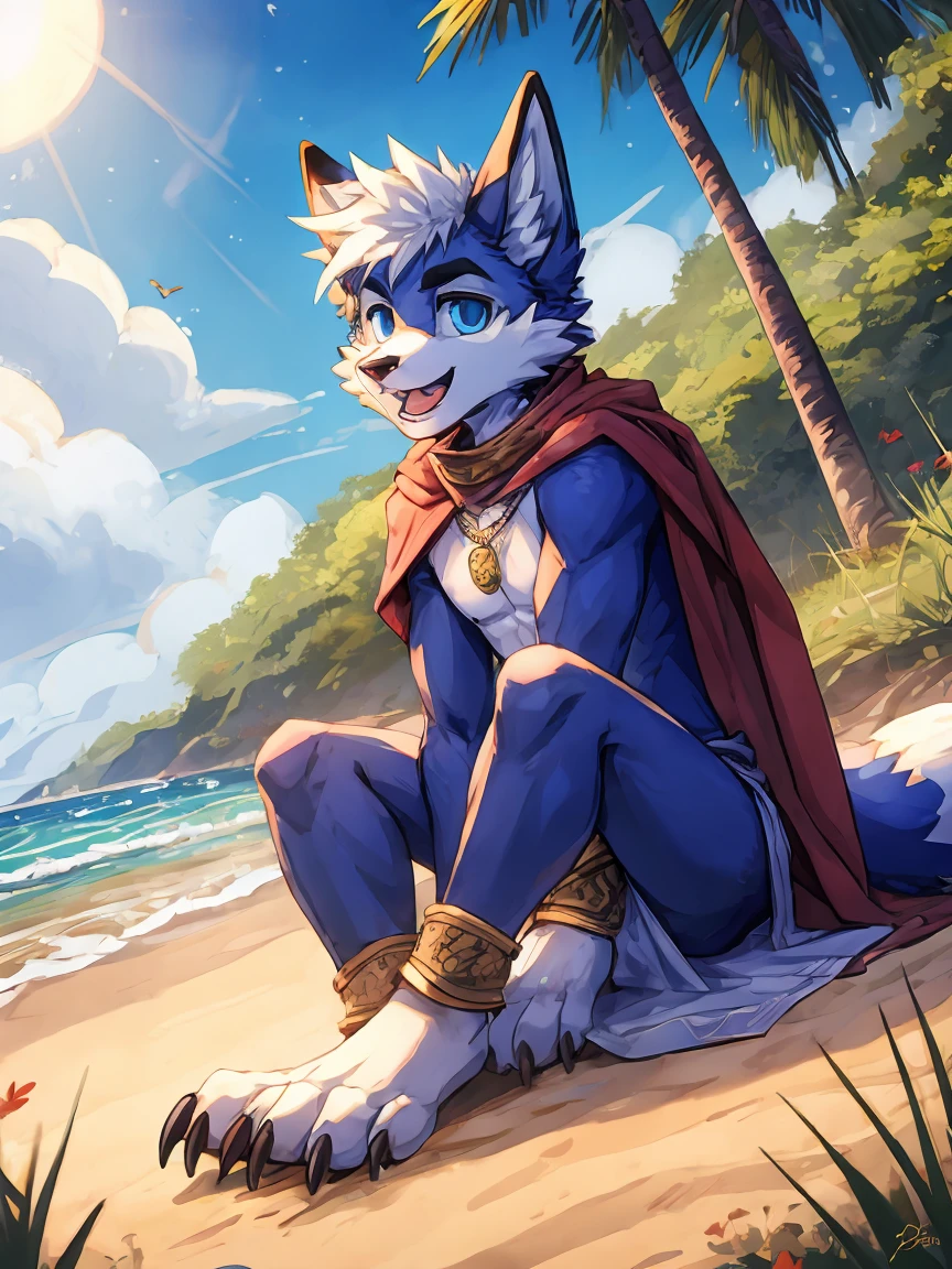 anger,solo,freshmen,young people,white hair, nipples，fox, blue eyes, masterpiece, bright blue fur, clean face, blue necklace, thick eyebrows, detailed eyes, anthro, claw, white headband,white hands,white feet,white cape，outdoor,open mouth,looking at viewer,necklace,wrist guard,seaside,white loincloth，trees,full body,sit