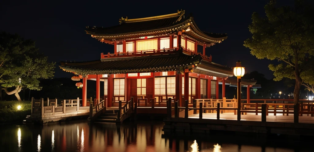 winter, moon, chinese garden, landscape, outdoors, (illustration: 1.0), epic composition, realistic lighting, hd detail, masterpiece, best quality, (very detailed CG Unity 8k wallpaper), clay texture, clean background, natural light, best quality, hyper detail, 3d art, c4d, blender, oc renderer, 3d rendering, 8k