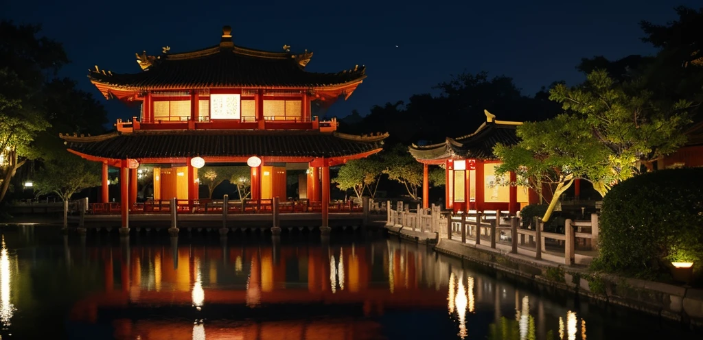 Night view of ancient Chinese architecture,Lantern,Water Pavilion